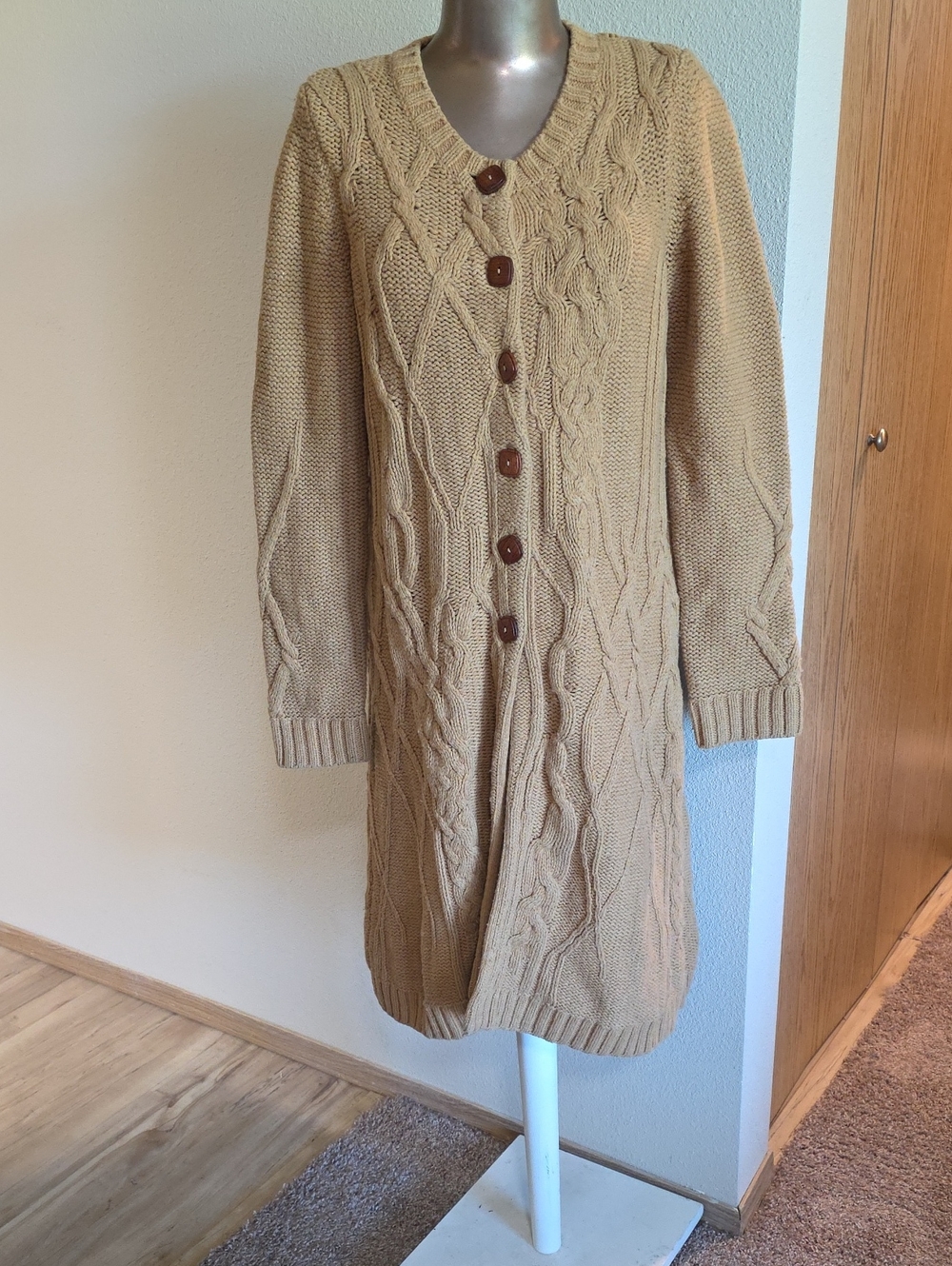 Far Away From Close Cable Knit Button-Front Sweater Cardigan in Tan